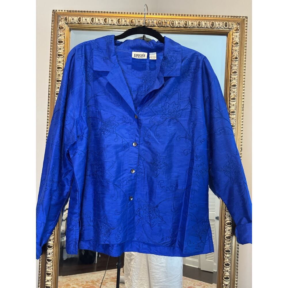 Chicos Silk Cobalt Blue Shirt Jacket, Shirt Topper, Blouse, Sz3